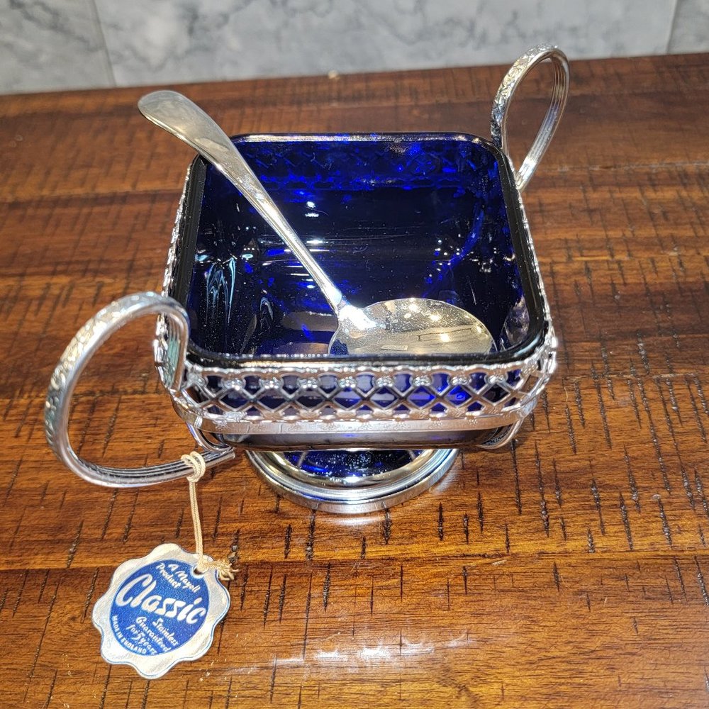 Vintage Cobalt Blue Glass Sugar/Serving Bowl with Chrome Plated Stand